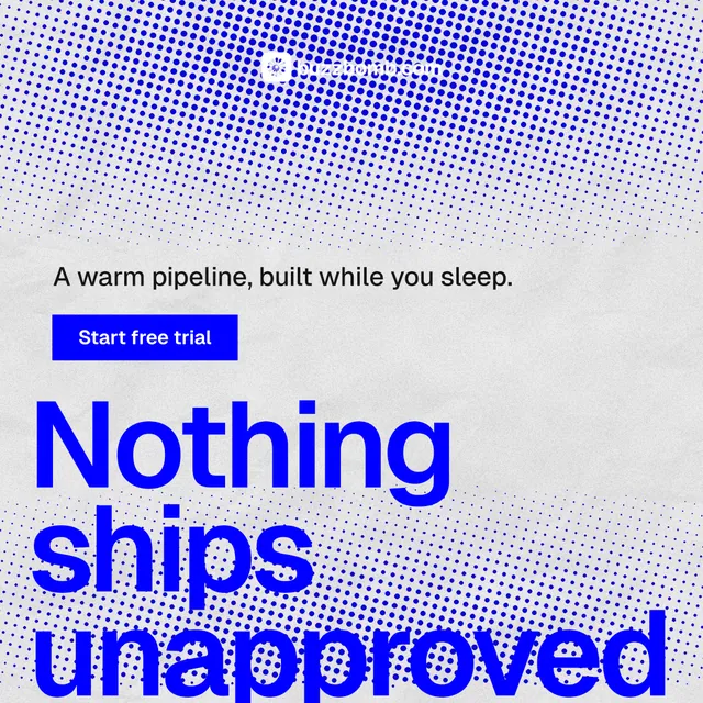 Instagram post for BuzzBomb: "Nothing ships unapproved." Swiss style, oversized layout, light palette in blue, white.