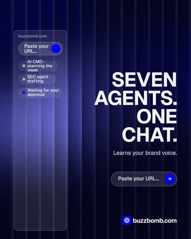 Instagram portrait post for BuzzBomb: "Seven agents. One chat." Agentic glass style, right layout, dark palette in blue, black.
