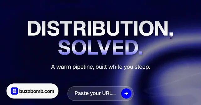Social ad for BuzzBomb: "Distribution, solved." Agentic glass style, centred layout, dark palette in black, grey, blue.