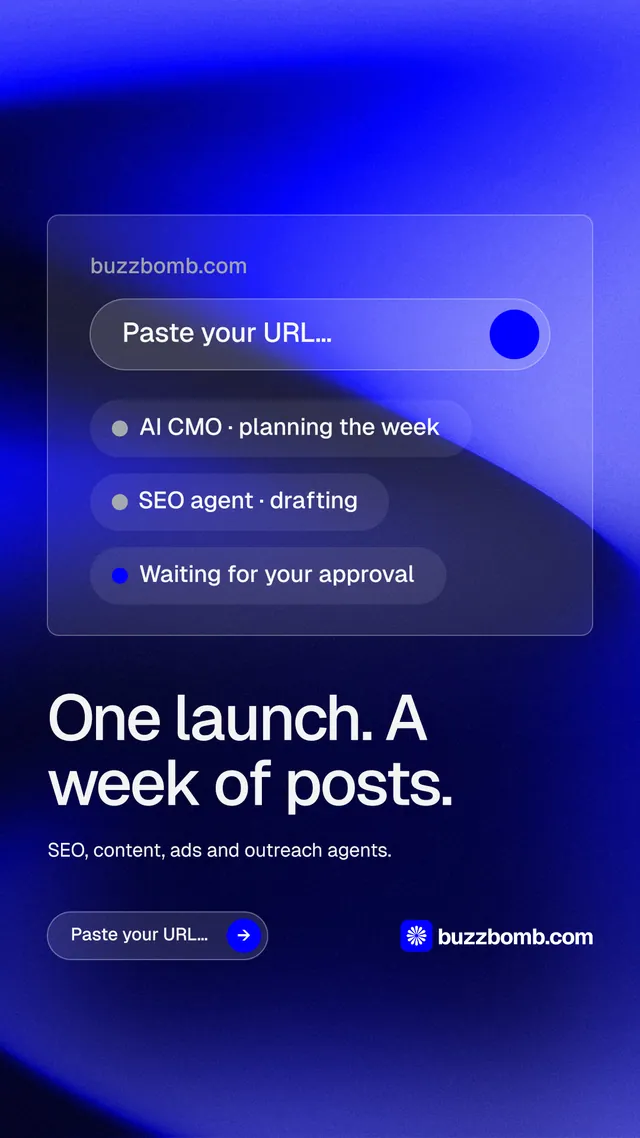 Instagram story for BuzzBomb: "One launch. A week of posts." Agentic glass style, bottom layout, dark palette in blue.