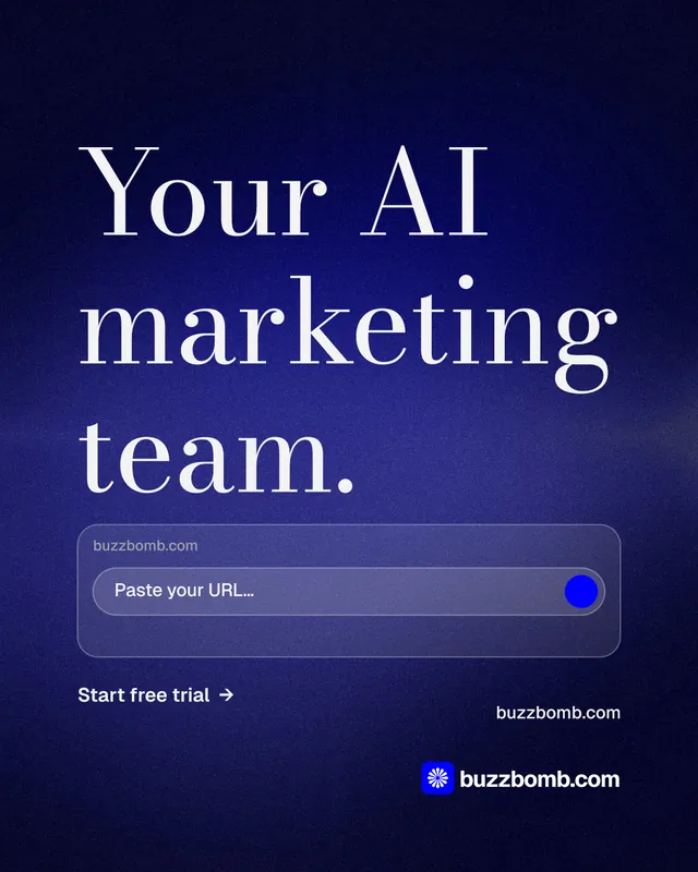 Instagram portrait post for BuzzBomb: "Your AI marketing team." Minimal luxury style, poster layout, dark palette in black, blue.
