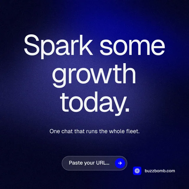 Instagram post for BuzzBomb: "Spark some growth today." Agentic glass style, centred layout, dark palette in black, blue.