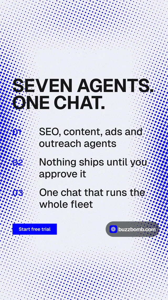 Instagram story for BuzzBomb: "Seven agents. One chat." Swiss style, numbered layout, light palette in blue, white.