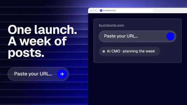 Landscape graphic for BuzzBomb: "One launch. A week of posts." Agentic glass style, browser layout, dark palette in black, blue, grey.