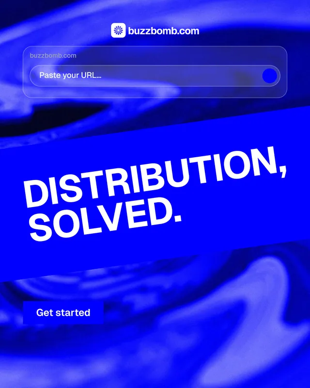 Instagram portrait post for BuzzBomb: "Distribution, solved." Swiss style, diagonal layout, dark palette in blue.