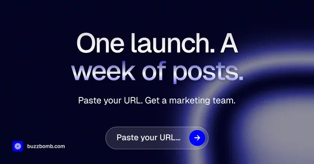Social ad for BuzzBomb: "One launch. A week of posts." Agentic glass style, centred layout, dark palette in black, grey, blue.