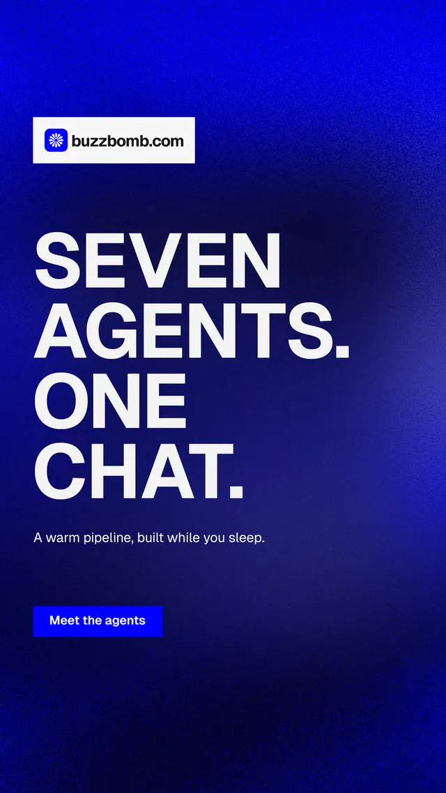Instagram story for BuzzBomb: "Seven agents. One chat." Swiss style, announce layout, dark palette in blue.
