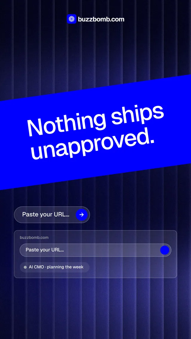 Instagram story for BuzzBomb: "Nothing ships unapproved." Agentic glass style, diagonal layout, dark palette in black, blue.