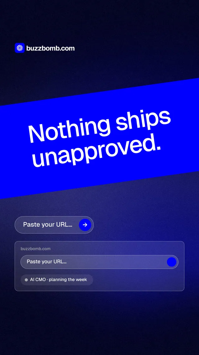 Instagram story for BuzzBomb: "Nothing ships unapproved." Agentic glass style, diagonal layout, dark palette in black, blue.