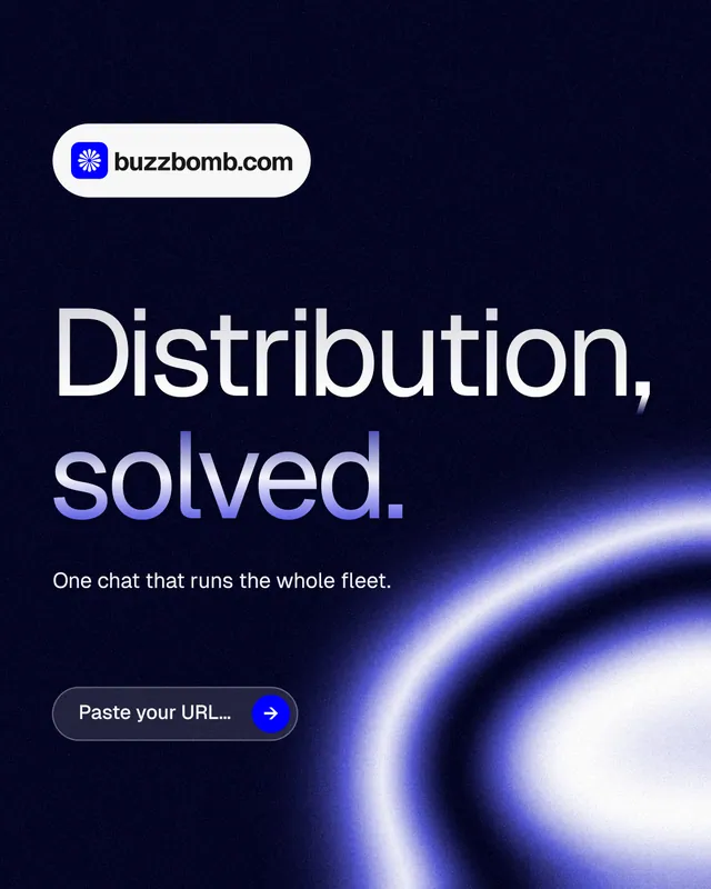 Instagram portrait post for BuzzBomb: "Distribution, solved." Agentic glass style, announce layout, dark palette in black, blue.