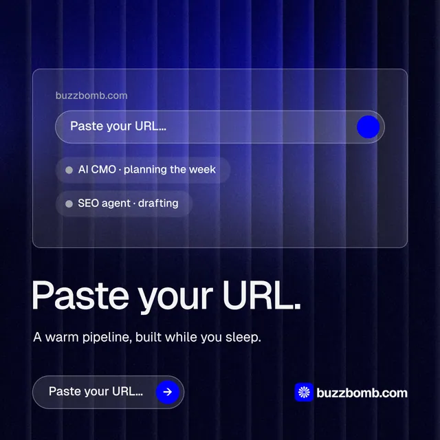 Instagram post for BuzzBomb: "Paste your URL." Agentic glass style, bottom layout, dark palette in black, blue.