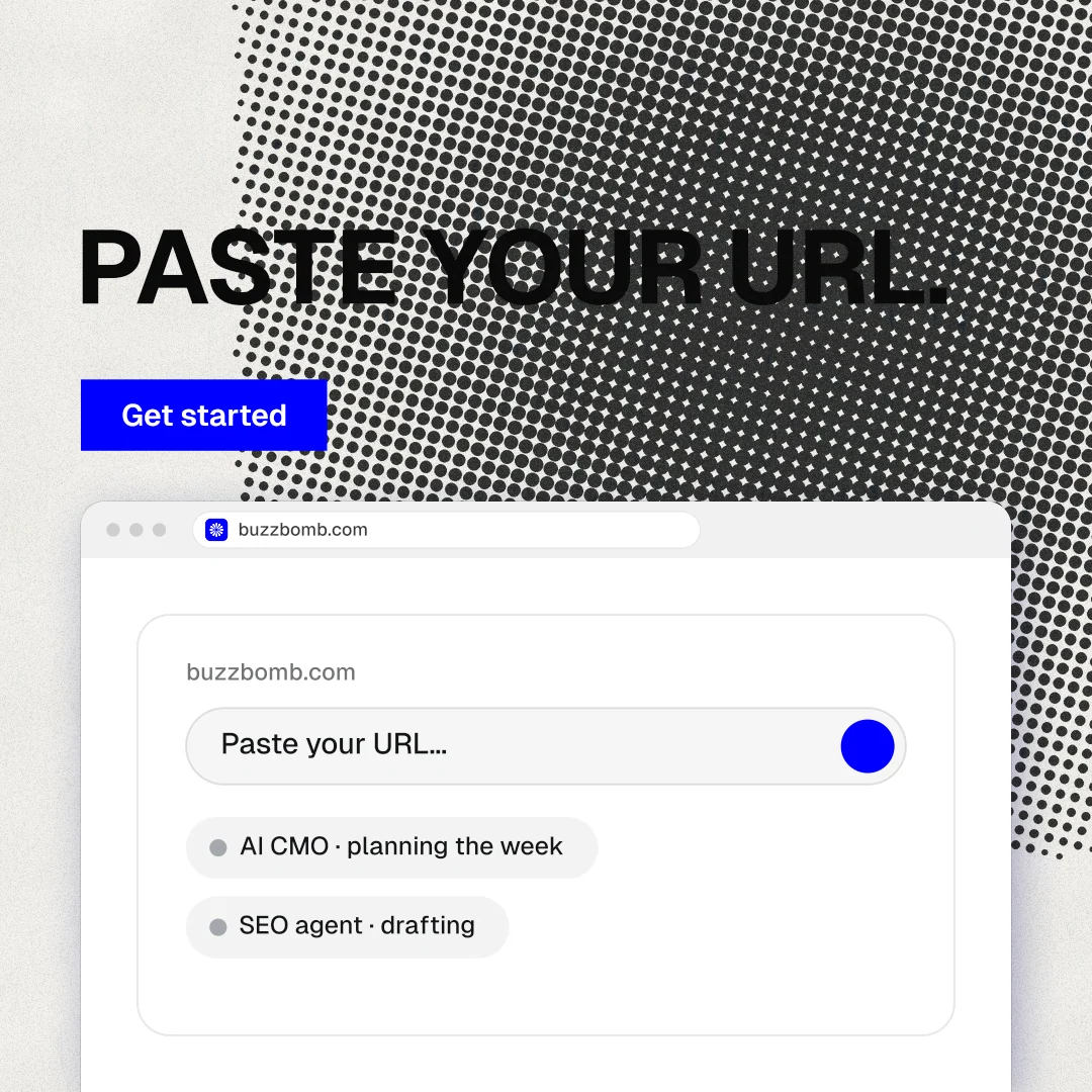 Instagram post for BuzzBomb: "Paste your URL." Swiss style, browser layout, light palette in grey, white.