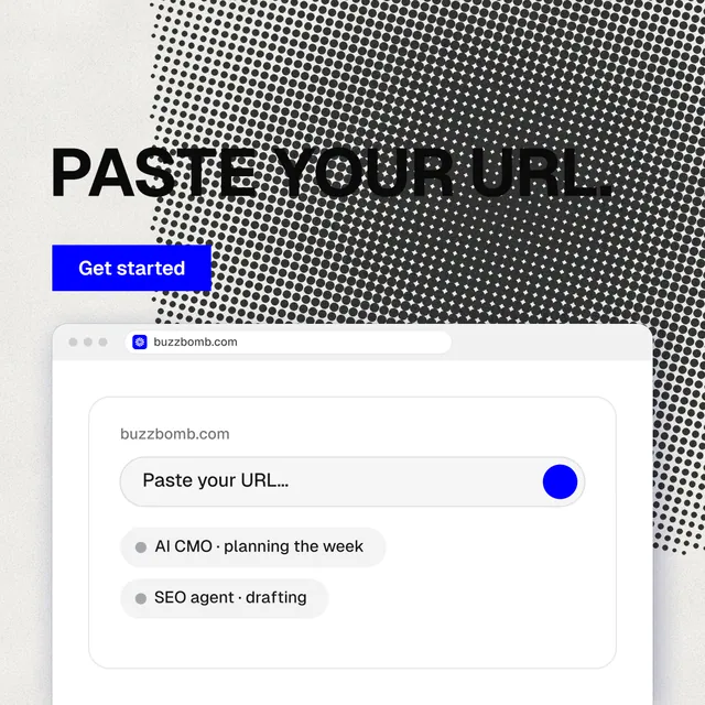 Instagram post for BuzzBomb: "Paste your URL." Swiss style, browser layout, light palette in grey, white.