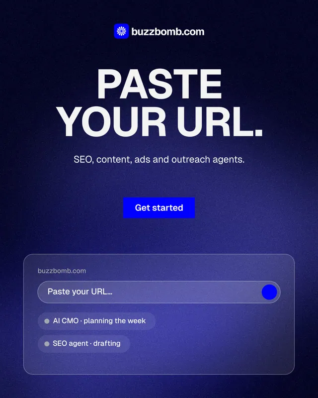 Instagram portrait post for BuzzBomb: "Paste your URL." Swiss style, centred layout, dark palette in black, blue.