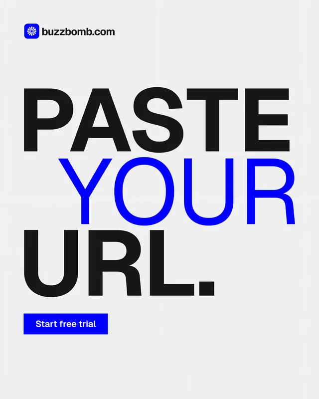 Instagram portrait post for BuzzBomb: "Paste your URL." Swiss style, stacked layout, light palette in white, blue.