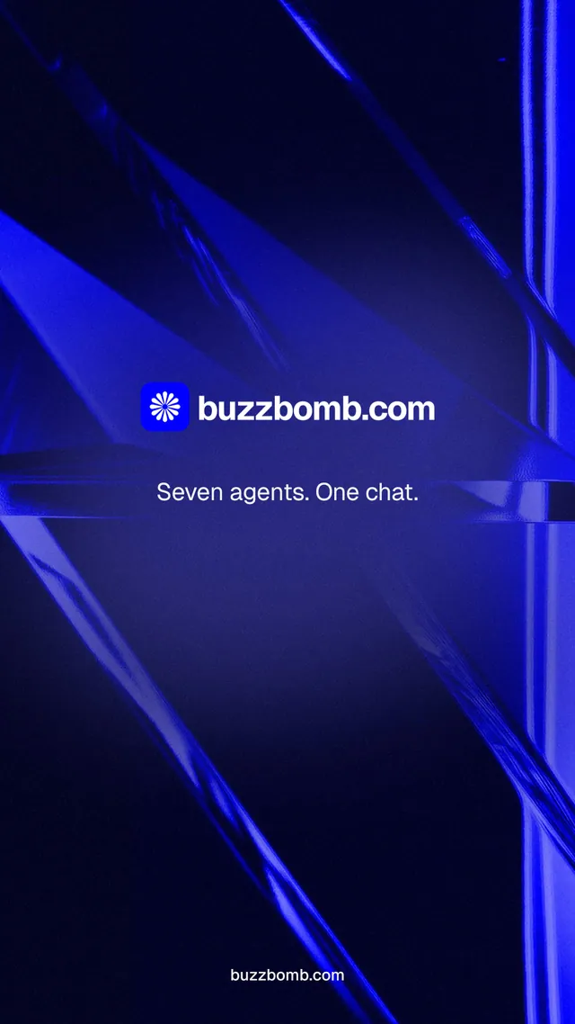 Instagram story for BuzzBomb: "Seven agents. One chat." Agentic glass style, end card layout, dark palette in blue, black.