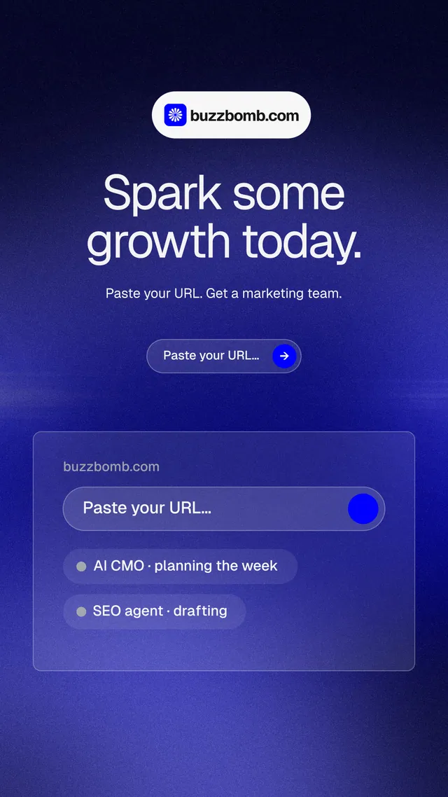 Instagram story for BuzzBomb: "Spark some growth today." Agentic glass style, centred layout, dark palette in blue.
