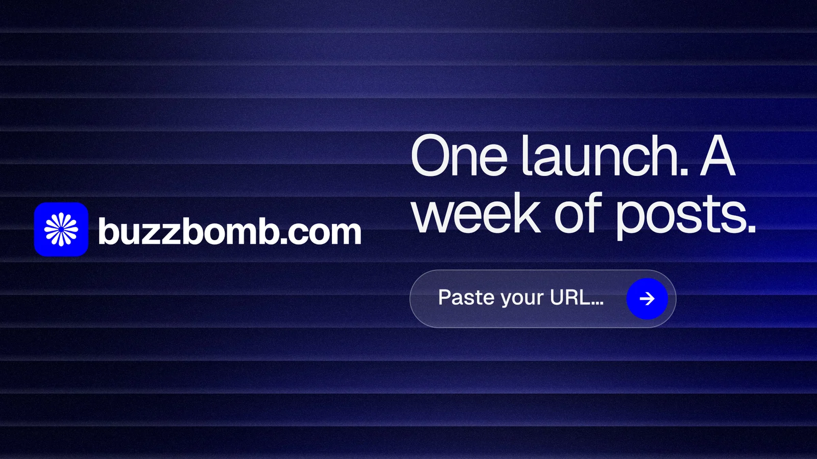 Landscape graphic for BuzzBomb: "One launch. A week of posts." Agentic glass style, logo hero layout, dark palette in black, blue.