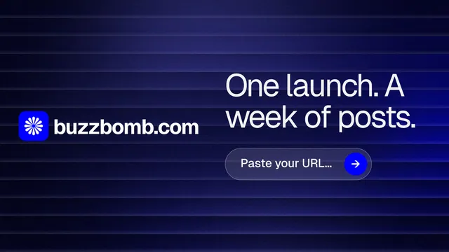 Landscape graphic for BuzzBomb: "One launch. A week of posts." Agentic glass style, logo hero layout, dark palette in black, blue.