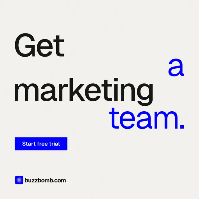 Instagram post for BuzzBomb: "Get a marketing team." Swiss style, stacked layout, light palette in white, blue.