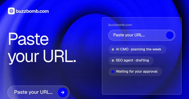 Social ad for BuzzBomb: "Paste your URL." Agentic glass style, bottom layout, dark palette in blue.