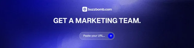 LinkedIn banner for BuzzBomb: "Get a marketing team." Agentic glass style, centred layout, dark palette in blue, black.