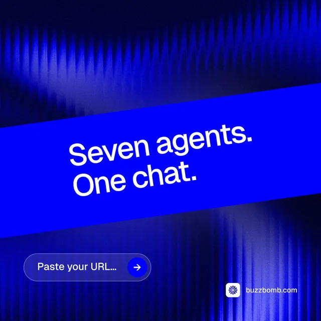 Instagram post for BuzzBomb: "Seven agents. One chat." Agentic glass style, diagonal layout, dark palette in blue.
