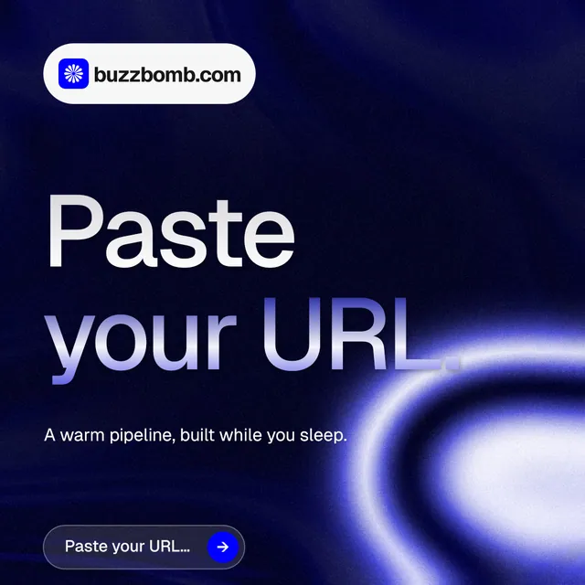 Instagram post for BuzzBomb: "Paste your URL." Agentic glass style, announce layout, dark palette in black, blue.