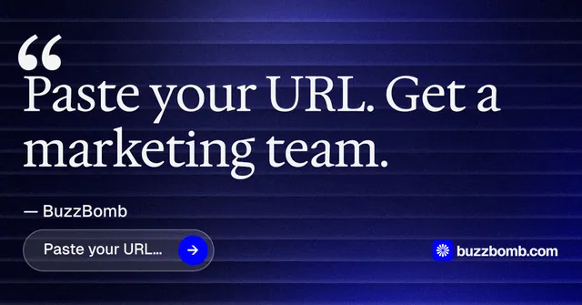 Social ad for BuzzBomb: "Spark some growth today." Agentic glass style, quote layout, dark palette in black, blue, grey.