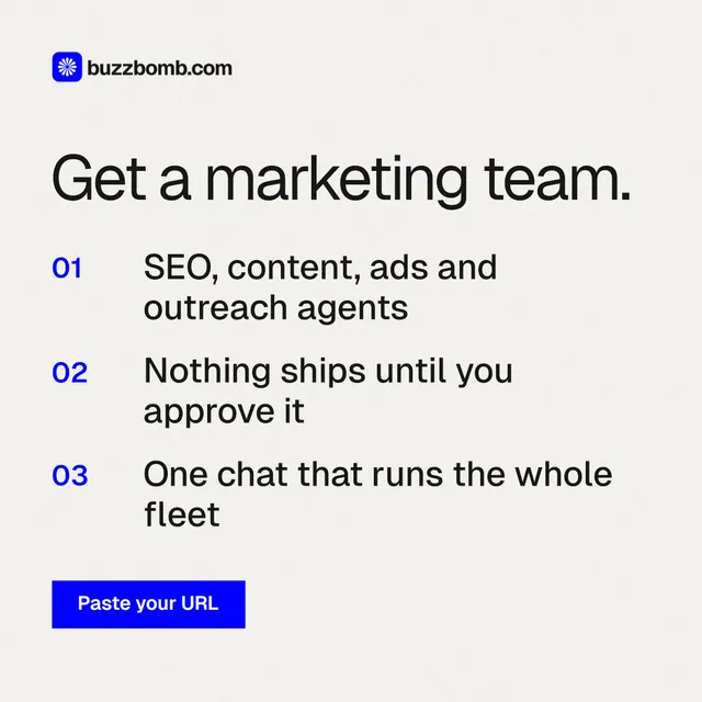 Instagram post for BuzzBomb: "Get a marketing team." Swiss style, numbered layout, light palette in white.