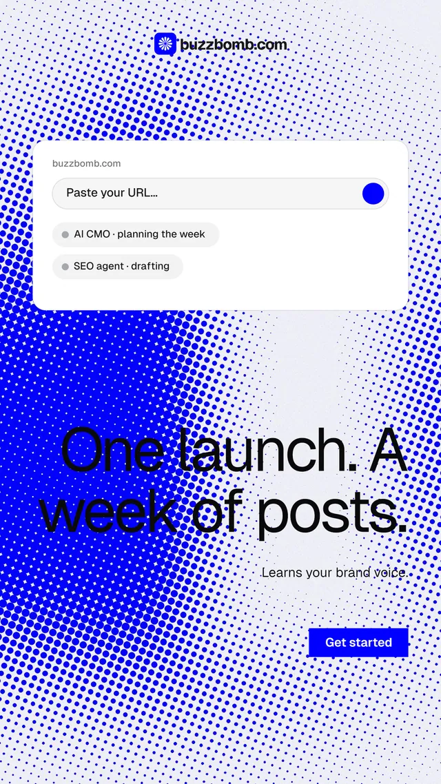 Instagram story for BuzzBomb: "One launch. A week of posts." Swiss style, right layout, light palette in blue, white.