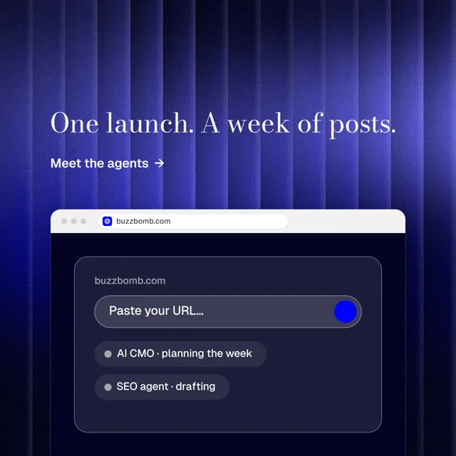 Instagram post for BuzzBomb: "One launch. A week of posts." Minimal luxury style, browser layout, dark palette in blue, black.
