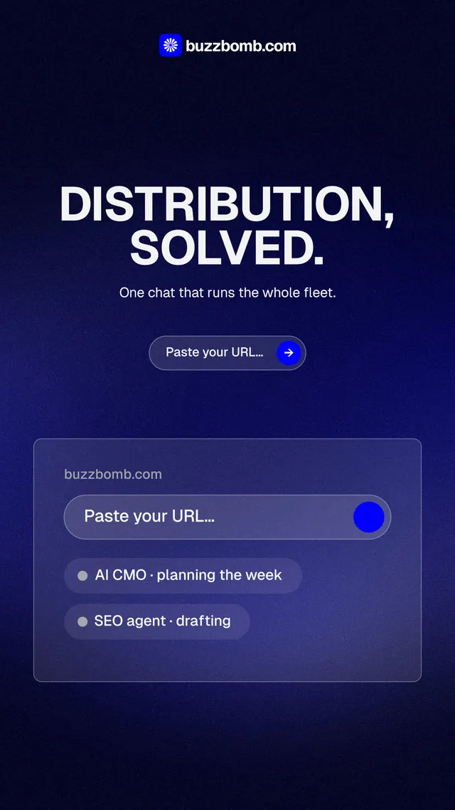 Instagram story for BuzzBomb: "Distribution, solved." Agentic glass style, centred layout, dark palette in black, blue.