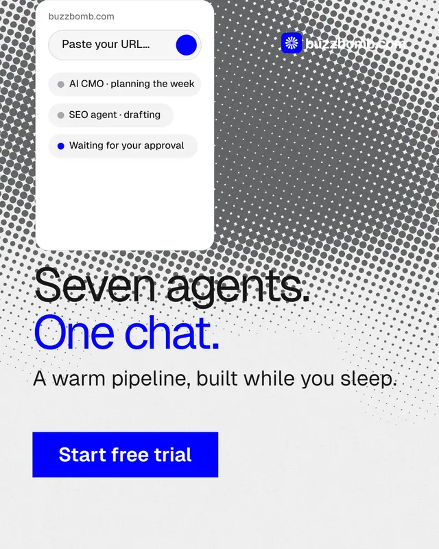 Instagram portrait post for BuzzBomb: "Seven agents. One chat." Swiss style, skeleton layout, light palette in white, grey.