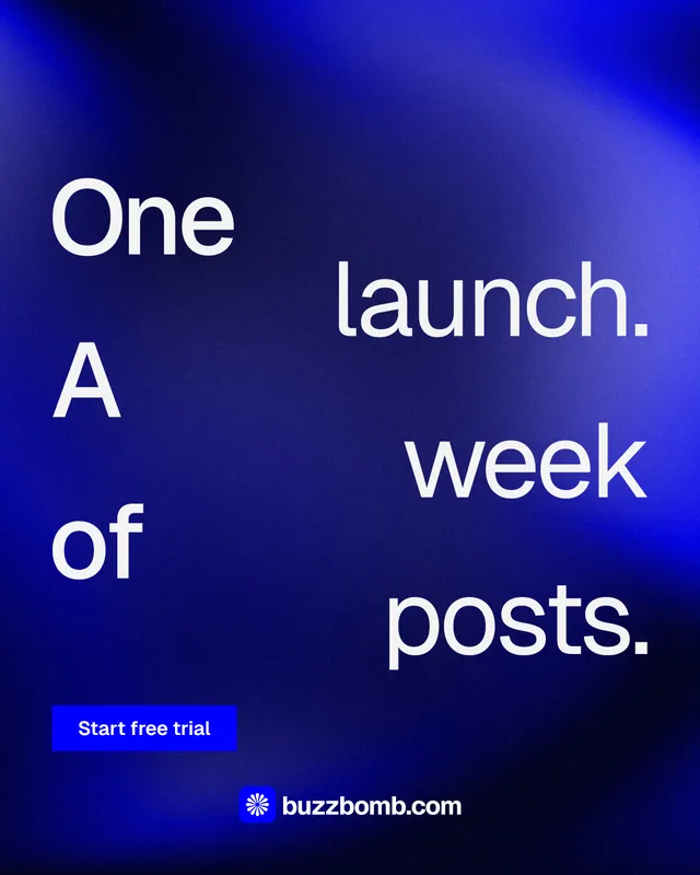 Instagram portrait post for BuzzBomb: "One launch. A week of posts." Swiss style, stacked layout, dark palette in blue.