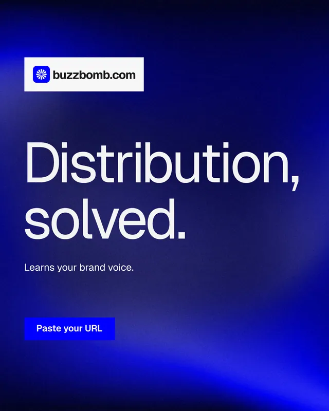 Instagram portrait post for BuzzBomb: "Distribution, solved." Swiss style, announce layout, dark palette in blue.