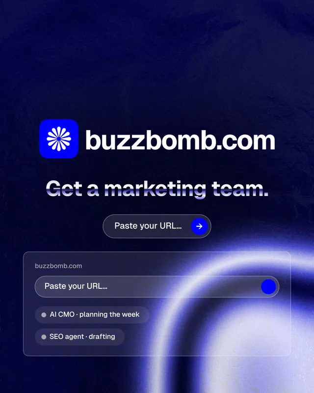 Instagram portrait post for BuzzBomb: "Get a marketing team." Agentic glass style, logo hero layout, dark palette in blue, black.