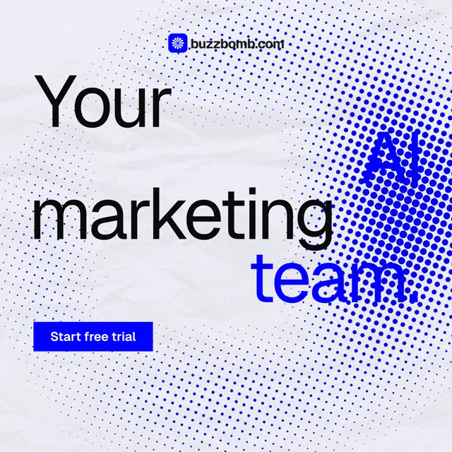 Instagram post for BuzzBomb: "Your AI marketing team." Swiss style, stacked layout, light palette in blue, white.