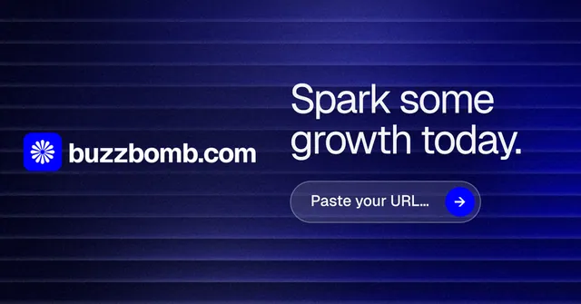 Social ad for BuzzBomb: "Spark some growth today." Agentic glass style, logo hero layout, dark palette in black, blue.