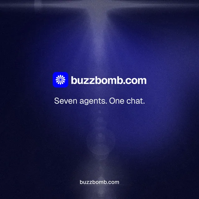 Instagram post for BuzzBomb: "Seven agents. One chat." Swiss style, end card layout, dark palette in black, blue.