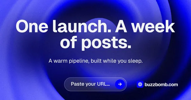 Social ad for BuzzBomb: "One launch. A week of posts." Agentic glass style, centred layout, dark palette in blue.