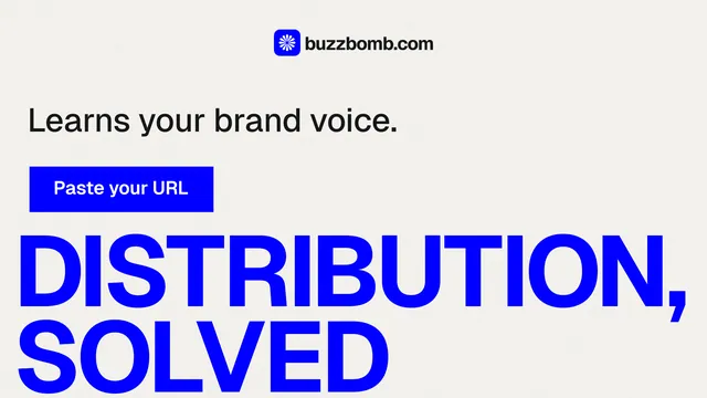Landscape graphic for BuzzBomb: "Distribution, solved." Swiss style, oversized layout, light palette in white, blue.