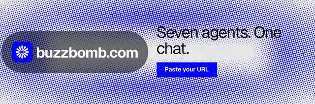 X header for BuzzBomb: "Seven agents. One chat." Swiss style, logo hero layout, light palette in blue.
