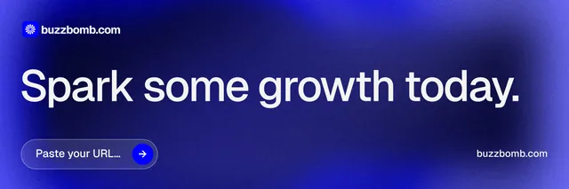 X header for BuzzBomb: "Spark some growth today." Agentic glass style, poster layout, dark palette in blue.