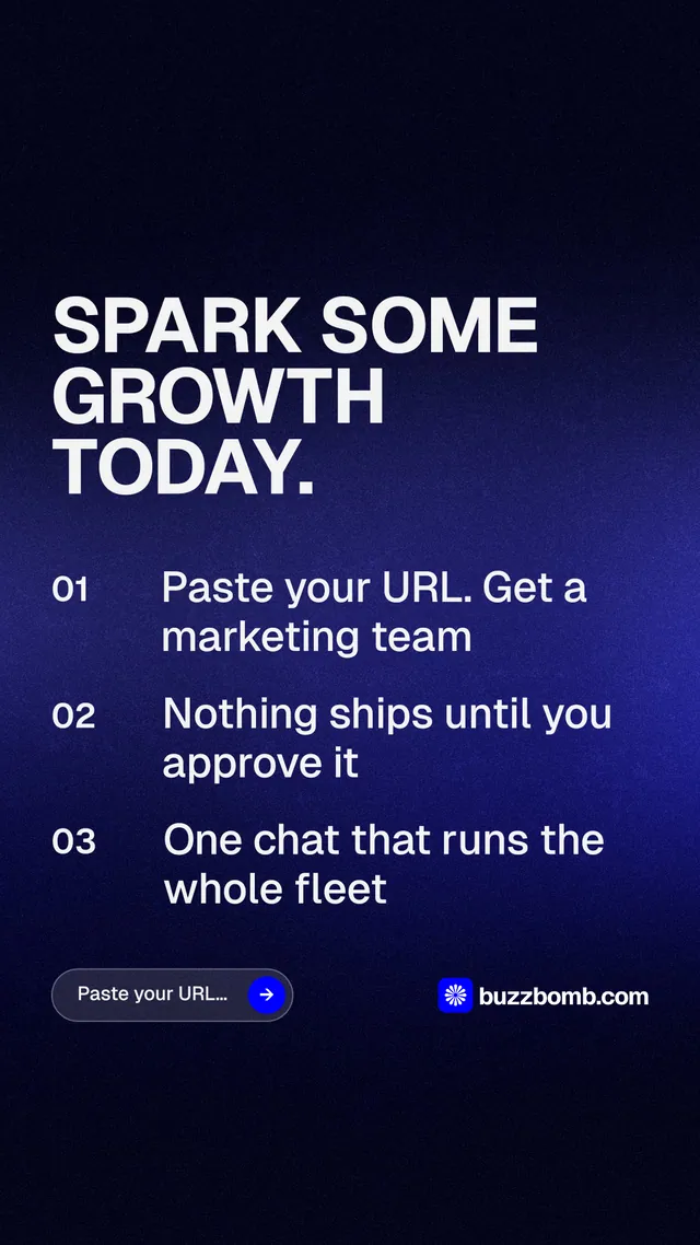 Instagram story for BuzzBomb: "Spark some growth today." Agentic glass style, numbered layout, dark palette in black, blue, grey.