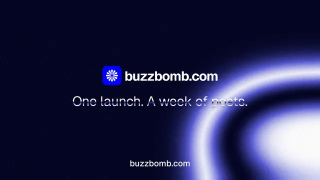 Landscape graphic for BuzzBomb: "One launch. A week of posts." Agentic glass style, end card layout, dark palette in black, blue.