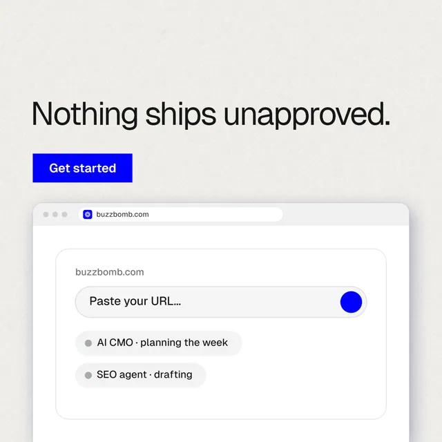 Instagram post for BuzzBomb: "Nothing ships unapproved." Swiss style, browser layout, light palette in white, blue.