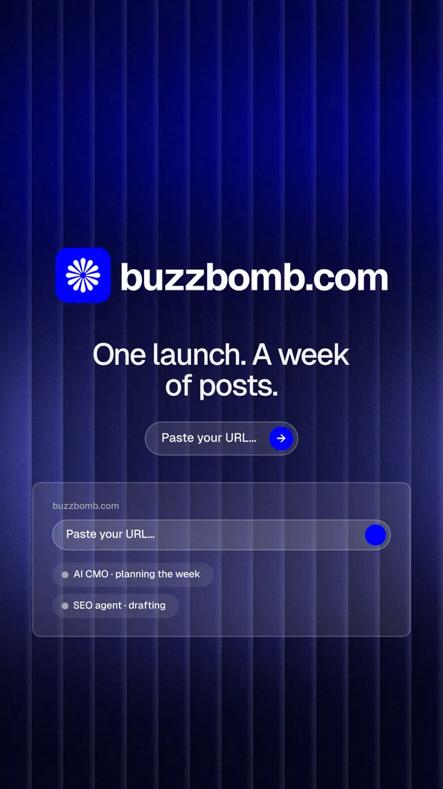 Instagram story for BuzzBomb: "One launch. A week of posts." Agentic glass style, logo hero layout, dark palette in blue, black.
