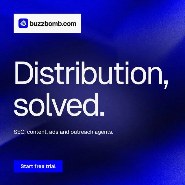 Instagram post for BuzzBomb: "Distribution, solved." Swiss style, announce layout, dark palette in blue.