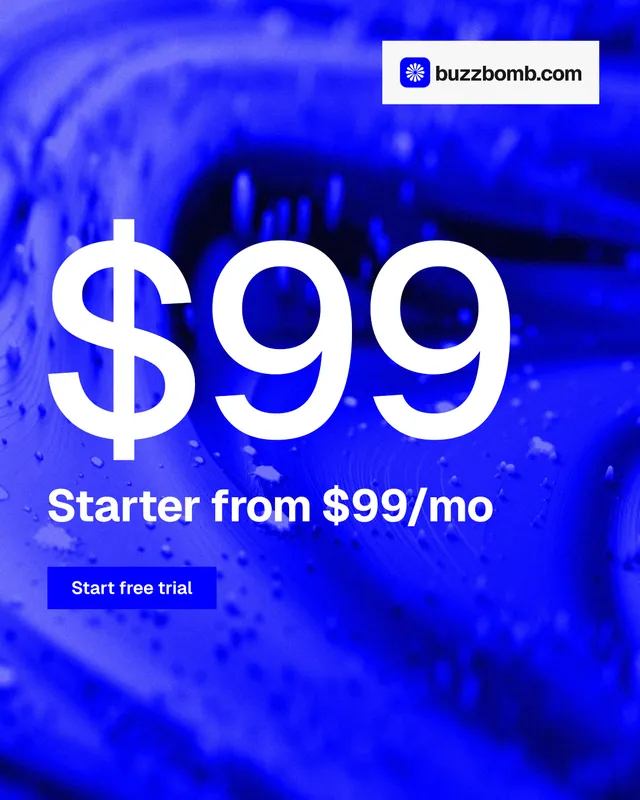 Instagram portrait post for BuzzBomb: "Get a marketing team." Swiss style, stat layout, dark palette in blue.